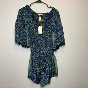 NEW Anthropologie Raga Kassie Pom Pom Romper Blue Floral Womens Size Small